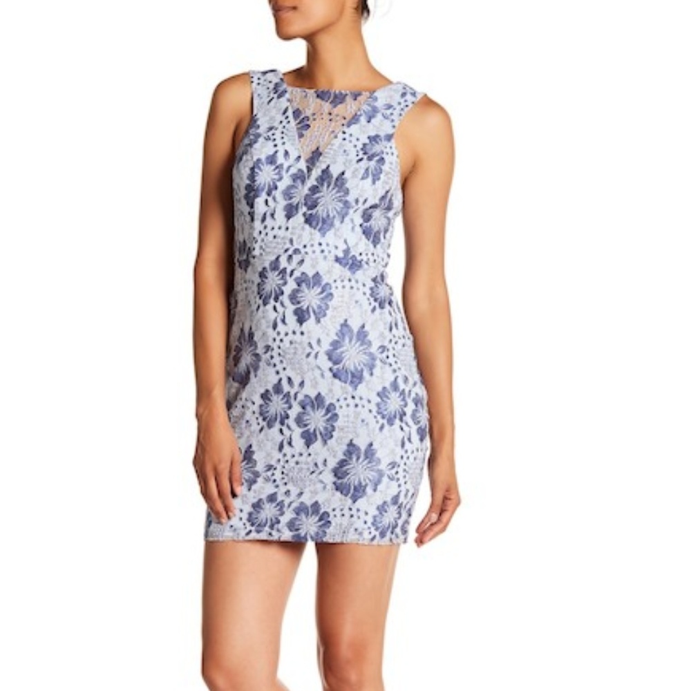GUESS Blue Sleeveless Floral Lace Bodycon Dress